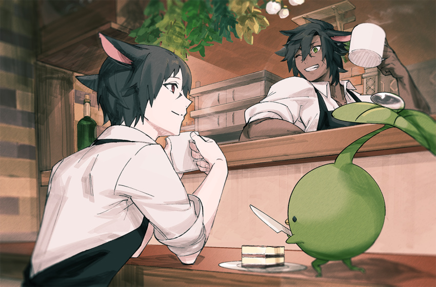 2boys animal_ears apron avatar_(ffxiv) black_apron black_hair bottle cake cat_boy cat_ears closed_mouth coffee_cup coffee_shop commentary_request cup disposable_cup eyebrows_visible_through_hair facial_mark final_fantasy final_fantasy_xiv food green_eyes grin holding holding_cup looking_at_another male_focus miqo'te mn_(zig_r14) multiple_boys one_eye_closed red_eyes scar scar_on_face shirt short_hair sleeves_rolled_up smile white_shirt wine_bottle