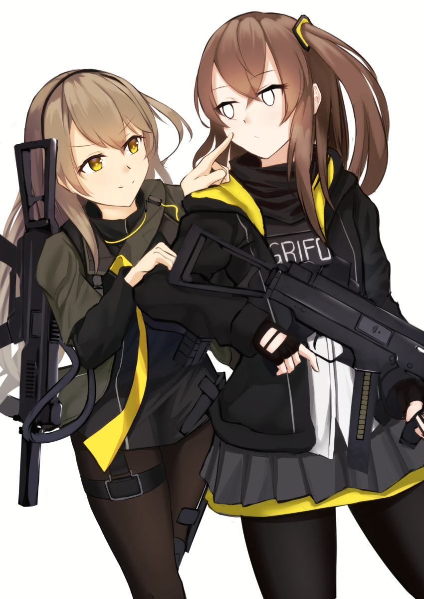 2girls black_jacket black_legwear black_scarf brown_hair camouflage camouflage_jacket closed_mouth eyebrows_visible_through_hair girls_frontline grey_skirt gun h&amp;k_ump hairband highres holding holding_weapon jacket light_brown_hair lodbyy long_hair looking_at_another multiple_girls open_clothes open_jacket pantyhose rifle_on_back scarf side_ponytail skirt smile standing submachine_gun ump40_(girls'_frontline) ump45_(girls'_frontline) weapon weapon_on_back white_background white_eyes yellow_eyes