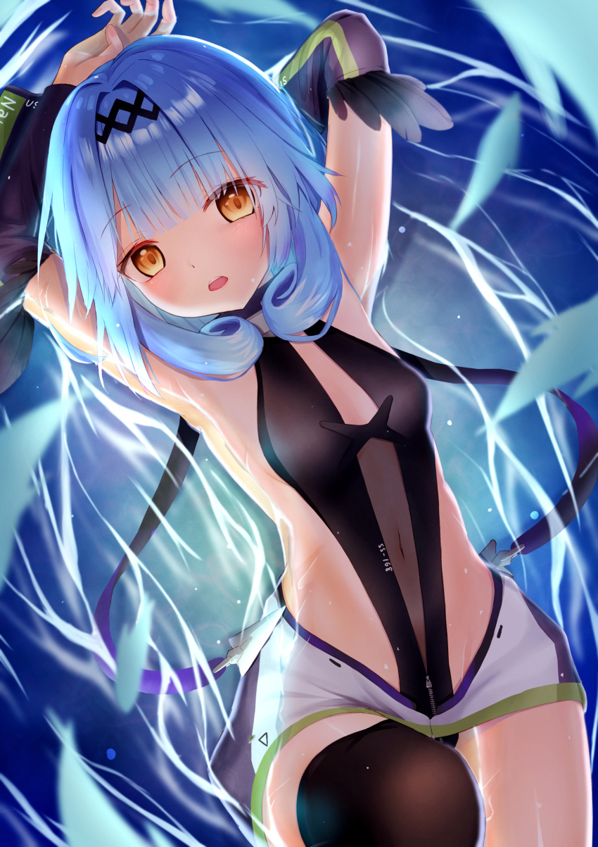 1girl absurdres arms_up azur_lane black_swimsuit blue_hair breasts commentary detached_sleeves eyebrows_visible_through_hair highres humo long_hair looking_at_viewer nautilus_(azur_lane) navel one-piece_swimsuit see-through single_thighhigh small_breasts solo swimsuit thigh-highs yellow_eyes zipper