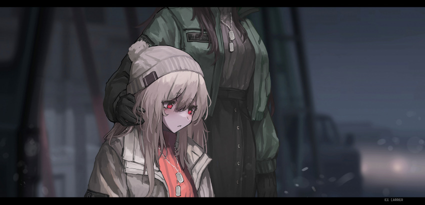 2girls blonde_hair blurry blurry_background brown_hair coat cold daria_(haguruma_c) dog_tags haguruma_c hand_on_another's_shoulder head_out_of_frame highres knit_hat long_hair multiple_girls night original red_eyes ribbed_sweater sad sweater viveka_(haguruma_c) winter_clothes winter_coat