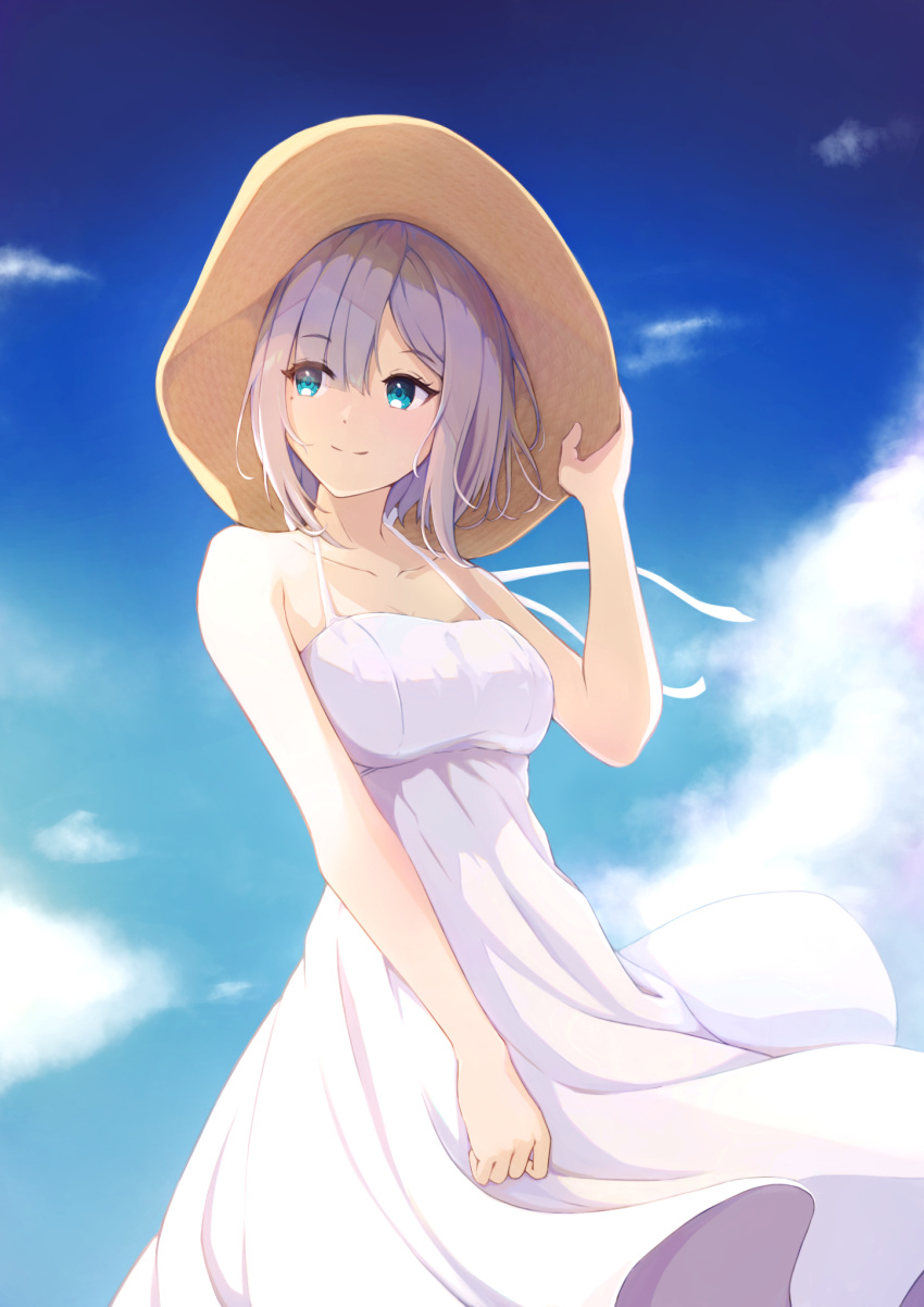 1girl arm_up bangs bare_shoulders blue_eyes blue_sky closed_mouth clouds collarbone commentary_request dress evanstan eyebrows_visible_through_hair hair_between_eyes hat highres holding holding_clothes holding_hat kaga_sumire light_purple_hair looking_to_the_side lupinus_virtual_games mole mole_under_eye short_hair sky sleeveless sleeveless_dress smile solo spaghetti_strap standing straw_hat virtual_youtuber vspo! white_dress