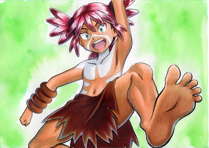 1boy :d arm_up bangs barefoot bodypaint clenched_hand collarbone commentary_request feet green_background green_eyes highres koko_(pokemon) male_focus navel oka_mochi open_mouth pokemon pokemon_(anime) pokemon_m23 redhead shirtless smile soles solo spread_legs tied_hair toes tongue traditional_media upper_teeth