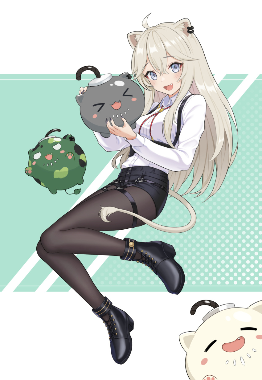 1girl :3 :d ahoge animal_ears ankle_boots bangs black_footwear black_legwear black_shorts blush bolo_tie boots breasts collared_shirt commentary dress_shirt ear_piercing fang full_body grey_eyes hair_between_eyes hair_flaps high_heel_boots high_heels highres hololive jiu_fanglianhua large_breasts lion_ears lion_girl lion_tail long_hair long_sleeves official_alternate_costume open_mouth pantyhose piercing shirt shishiro_botan short_shorts shorts sidelocks silver_hair smile solo_focus ssrb straight_hair tail thigh_strap underbust virtual_youtuber white_shirt