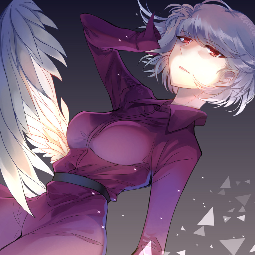 1girl angel_wings artist_name belt bowtie_removed breasts collared_dress commentary_request dress eyebrows_visible_through_hair feathered_wings grey_background hair_between_eyes hand_in_hair highres jacket jacket_removed kanta_(pixiv9296614) kishin_sagume large_breasts long_sleeves looking_at_viewer partial_commentary purple_dress red_eyes short_hair silver_hair single_wing solo touhou wings