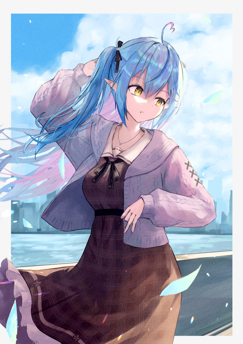 1girl absurdres ahoge arm_up bangs black_ribbon blue_hair border breasts brown_dress cardigan clouds cloudy_sky colored_inner_hair commentary_request day dress elf floating_hair hair_between_eyes hair_ribbon heart_ahoge highres hololive jewelry long_hair long_sleeves looking_away multicolored_hair necklace official_alternate_costume open_cardigan open_clothes outdoors outside_border parted_lips pink_hair pointy_ears puffy_long_sleeves puffy_sleeves ribbon sky solo streaked_hair two_side_up virtual_youtuber white_border xyunx yellow_eyes yukihana_lamy