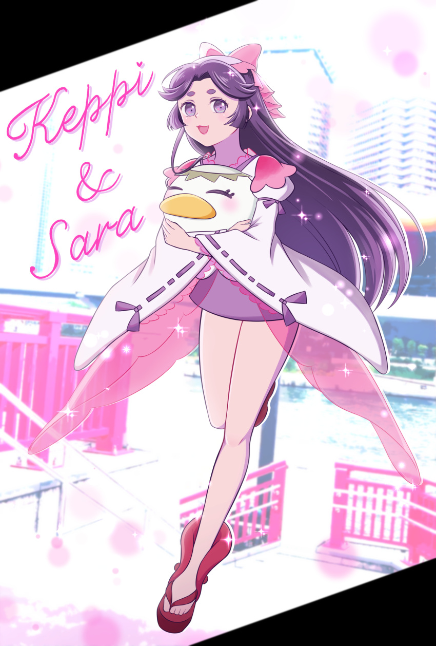 1girl :d absurdres azuma_sara black_hair blurry blurry_background bow character_name full_body hair_bow highres kappa keppi mesyoko open_mouth outdoors photo_background pink_bow ribbon-trimmed_sleeves ribbon_trim sandals sarazanmai smile violet_eyes wide_sleeves