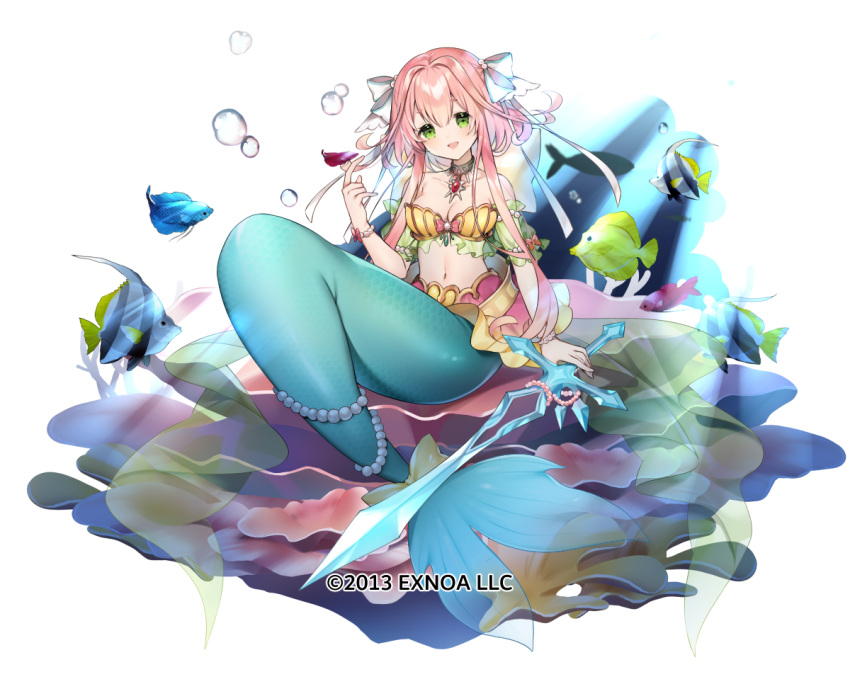 1girl bangs blush bow bracelet breasts choker fish green_eyes hair_bow jewelry looking_at_viewer medium_breasts mermaid monster_girl official_art open_mouth pink_hair sakofu sennen_sensou_aigis shell shell_bikini short_hair_with_long_locks solo strapless sword weapon