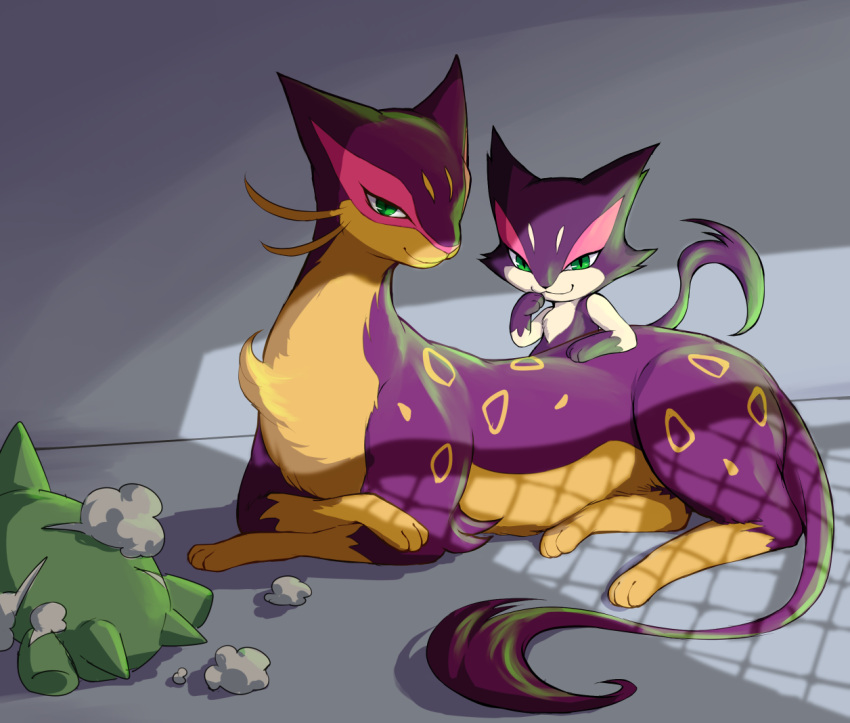 :3 akihorisu closed_mouth commentary_request evolutionary_line green_eyes liepard lying no_humans on_stomach pokemon pokemon_(creature) purrloin smile substitute_(pokemon) toes