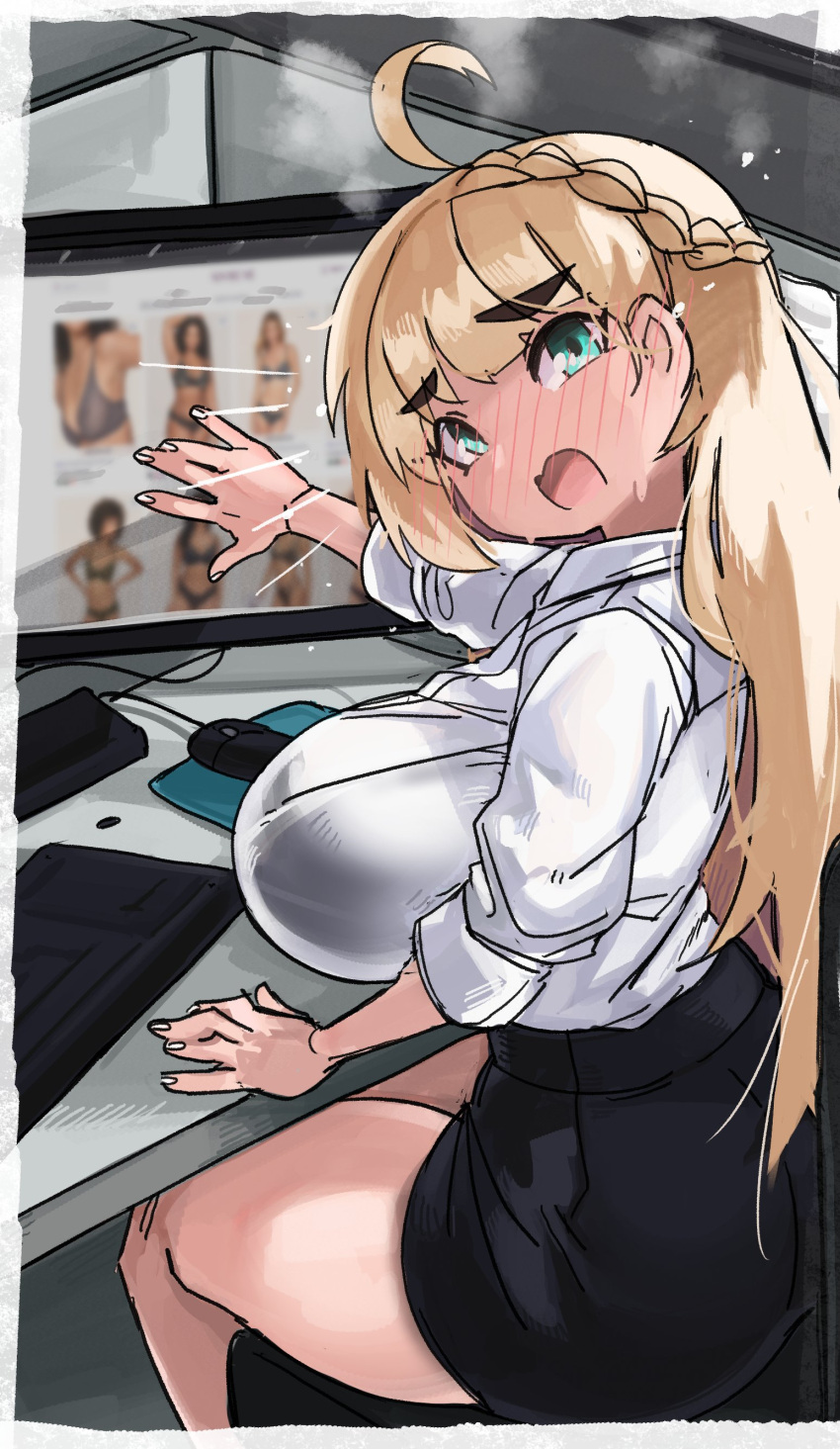 1girl absurdres ahoge at_computer black_skirt blonde_hair blush braid breast_rest breasts covering crown_braid eyebrows_visible_through_hair full-face_blush green_eyes highres huge_breasts long_hair looking_at_viewer louise_(okanderlig) mismatched_eyebrows office_lady original shirt skirt solo thick_eyebrows thighs turning_head white_shirt zanamaoria