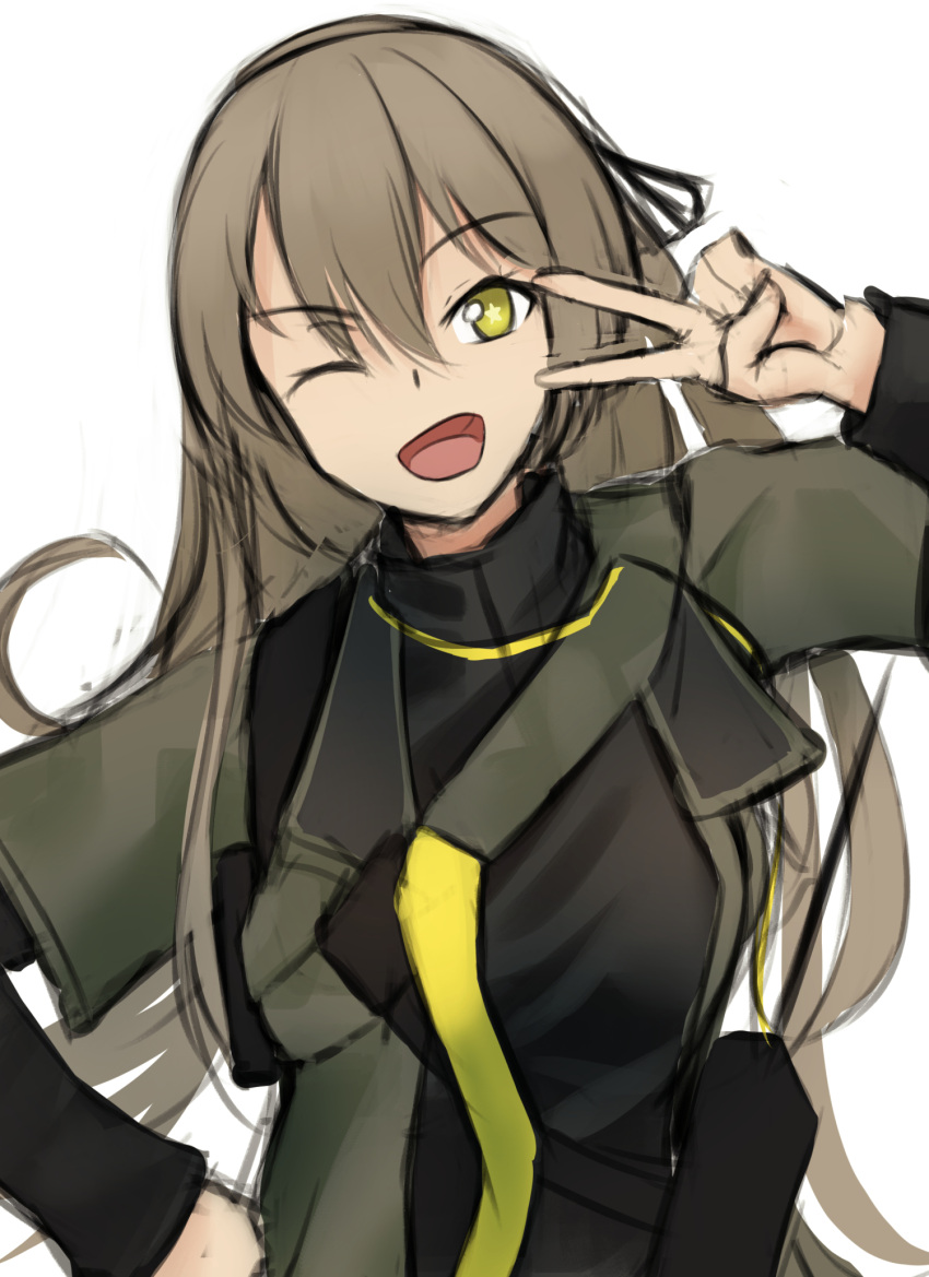 +_+ 1girl black_bodysuit black_ribbon bodysuit breasts brown_hair camouflage camouflage_jacket eyebrows_visible_through_hair girls_frontline green_eyes hair_ribbon hand_on_hip highres jacket lodbyy long_hair looking_at_viewer medium_breasts one_eye_closed open_clothes open_jacket open_mouth ribbon smile solo star-shaped_pupils star_(symbol) symbol-shaped_pupils ump40_(girls'_frontline) upper_body v white_background
