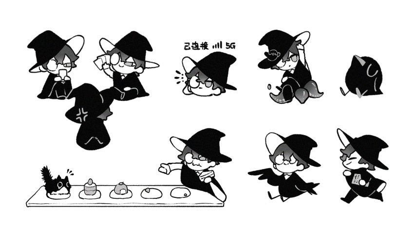 1boy amon_(lord_of_the_mysteries) animal bird card cat chinese_commentary commentary_request crow dessert eating food hat highres klein_moretti lord_of_the_mysteries monocle murielian smile tentacles wizard_hat