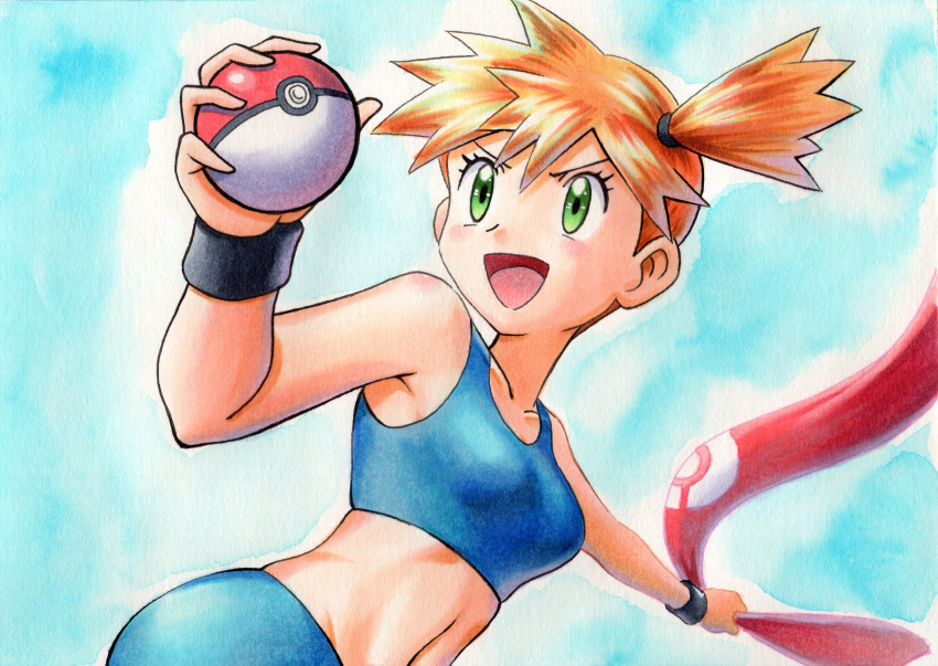 1girl :d bangs bike_shorts black_wristband blue_background blue_swimsuit collarbone commentary_request eyelashes green_eyes hair_tie highres holding holding_towel misty_(pokemon) oka_mochi one_side_up open_mouth orange_hair pokemon pokemon_(game) pokemon_frlg red_towel short_hair smile solo spiky_hair swimsuit tied_hair tongue towel traditional_media wristband