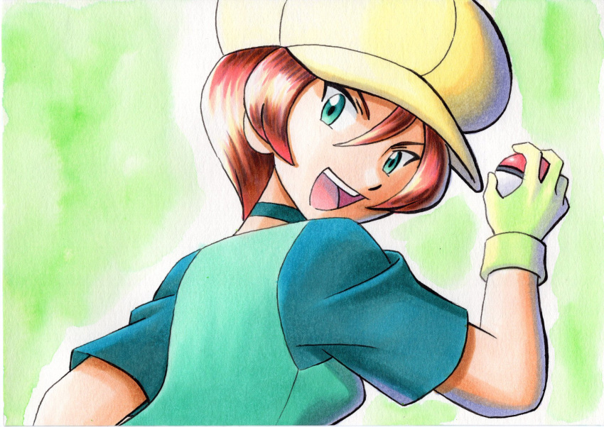 1girl :d bangs brown_hair choker commentary_request georgia_(pokemon) green_background green_choker green_shirt green_vest hair_between_eyes hand_up hat highres holding holding_poke_ball oka_mochi open_mouth poke_ball poke_ball_(basic) pokemon pokemon_(anime) pokemon_bw_(anime) shirt short_hair short_sleeves smile solo tongue traditional_media upper_body upper_teeth vest yellow_headwear
