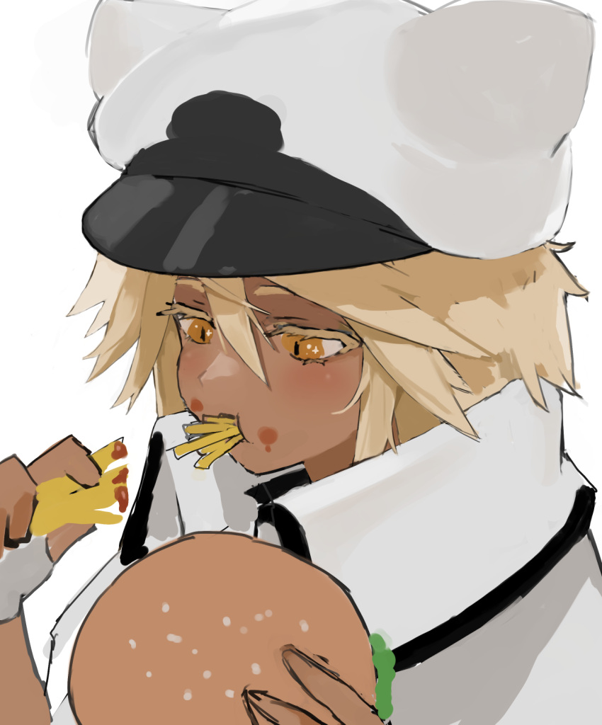 1girl black_hair blonde_hair burger dark-skinned_female dark_skin eating flasso food french_fries guilty_gear guilty_gear_strive hair_between_eyes hat highres ramlethal_valentine yellow_eyes