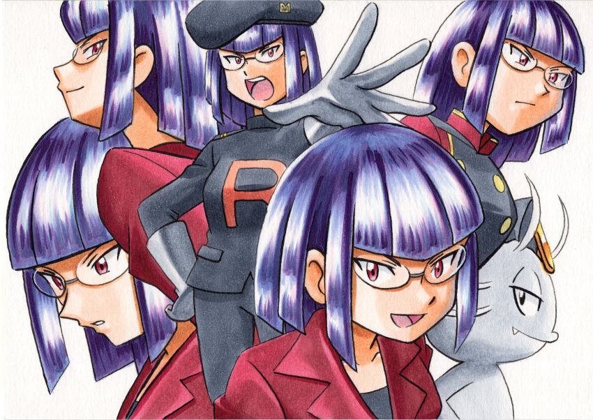 1girl alolan_form alolan_meowth bangs black_headwear black_jacket black_pants black_shirt blunt_bangs buttons closed_mouth commentary_request glasses gloves grey_gloves hat highres jacket matori_(pokemon) multiple_views oka_mochi open_mouth outstretched_arm pants parted_lips pokemon pokemon_(anime) pokemon_(creature) pokemon_dppt_(anime) pokemon_xy_(anime) purple_hair red_jacket shiny shiny_hair shirt short_hair simple_background smile spread_fingers team_rocket team_rocket_uniform tongue traditional_media upper_teeth violet_eyes white_background