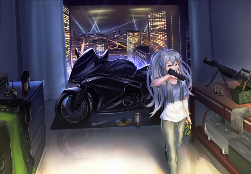 1girl aek-999 aek-999_(girls'_frontline) bottle bullet city city_lights collarbone covering_mouth eyebrows_visible_through_hair garage girls_frontline grey_hair ground_vehicle headphones holding holding_bottle holding_headphones lodbyy long_hair looking_at_viewer motor_vehicle motorcycle pants ponytail shirt solo standing weapon white_pants white_shirt yellow_eyes