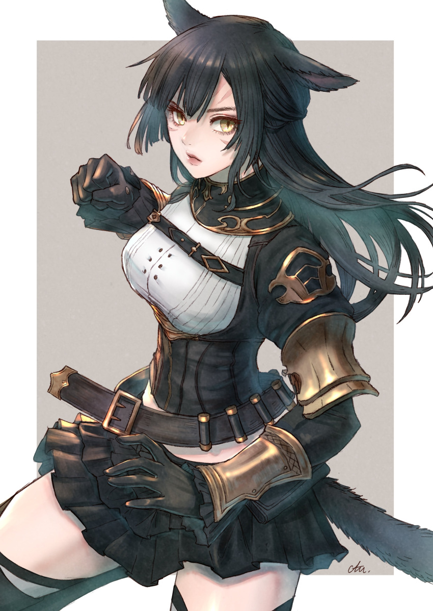 1girl absurdres animal_ears bangs belt black_gloves black_hair black_skirt blunt_bangs cam_(cammero95713700) cat_ears cat_tail clenched_hand facepaint final_fantasy final_fantasy_xiv gloves highres long_hair long_sleeves looking_to_the_side midriff_peek miqo'te signature simple_background skirt slit_pupils solo tail yellow_eyes