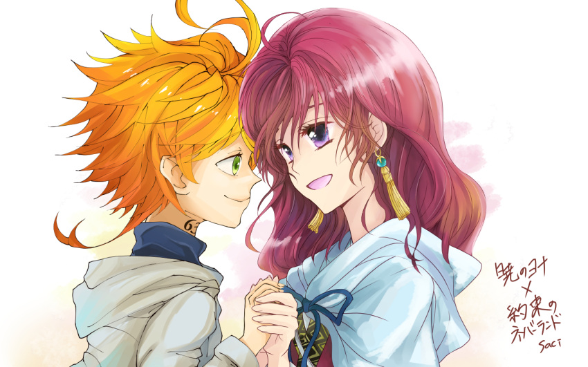2girls ahoge akatsuki_no_yona earrings emma_(yakusoku_no_neverland) green_eyes holding_hands jewelry looking_at_another multiple_girls neck_tattoo number_tattoo open_mouth orange_hair redhead saci simple_background smile tattoo violet_eyes yakusoku_no_neverland yona_(akatsuki_no_yona) yuri