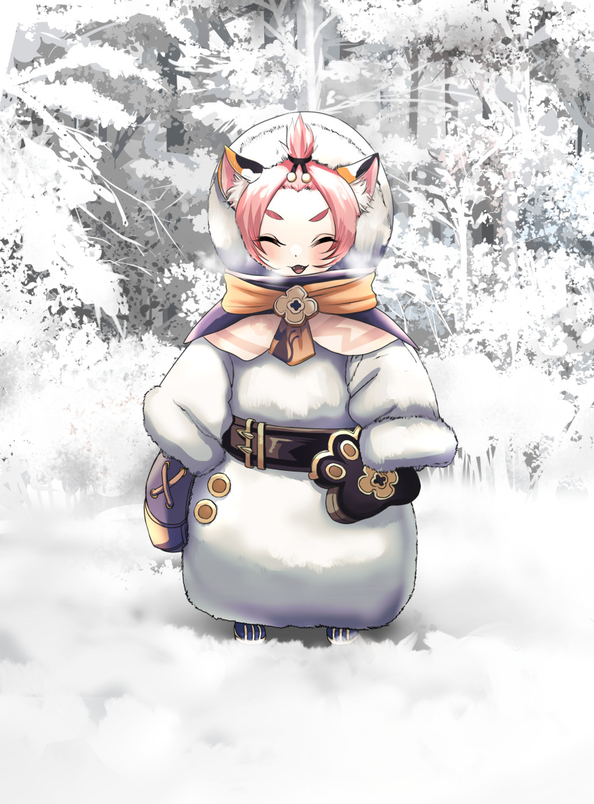 1girl akegata_tobari animal_ears animal_print bag bangs_pinned_back belt breath cat_ears cat_girl cat_print closed_eyes coat diona_(genshin_impact) fangs forehead genshin_impact hair_ribbon happy highres open_mouth pink_hair ribbon shoes short_hair smile snow solo standing tree winter winter_clothes winter_coat