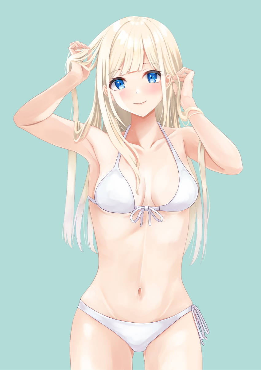 1girl adjusting_hair armpits arms_up bangs bare_arms bikini blonde_hair blue_eyes blunt_bangs blush breasts collarbone eyebrows_visible_through_hair front-tie_bikini front-tie_top green_background groin halterneck hand_in_hair highres long_hair looking_at_viewer medium_breasts mossan_(mossan-777) navel original side-tie_bikini simple_background smile solo swimsuit white_bikini white_swimsuit