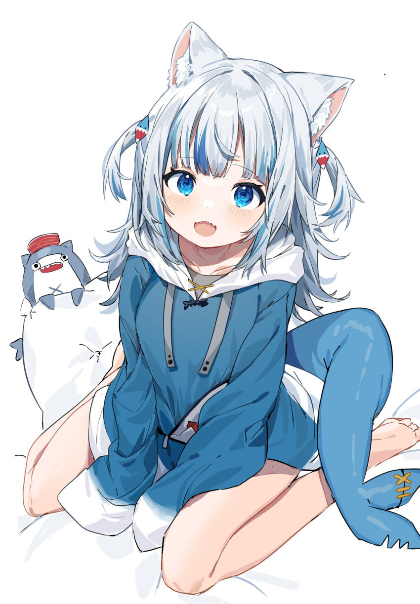 1girl :d animal_ears bangs bare_legs barefoot bed_sheet bloop_(gawr_gura) blue_eyes blunt_bangs cat_ears collarbone commentary eyebrows_visible_through_hair fangs fish_tail from_above gawr_gura hair_ornament highres hololive hololive_english hood hooded_sweater inu_(puputizy) kemonomimi_mode long_hair long_sleeves looking_at_viewer looking_up multicolored_hair open_mouth pillow shark_hair_ornament shark_tail sidelocks silver_hair simple_background sitting smile streaked_hair sweater symbol-only_commentary tail two-tone_hair two_side_up wariza white_background