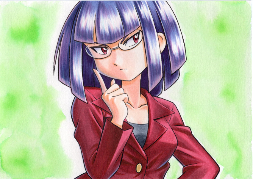 1girl bangs blunt_bangs buttons closed_mouth collarbone commentary_request glasses green_background grey_shirt hand_up highres index_finger_raised jacket matori_(pokemon) medium_hair oka_mochi pokemon pokemon_(anime) pokemon_xy_(anime) purple_hair red_jacket shirt solo split_mouth team_rocket traditional_media upper_body violet_eyes