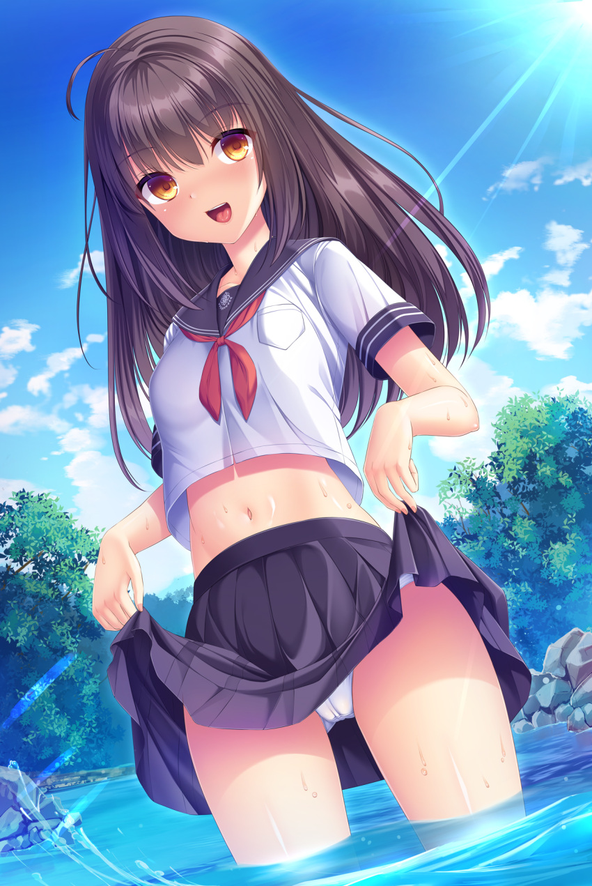 1girl :d bangs black_hair black_sailor_collar black_skirt blue_sky blush brown_eyes clothes_lift clouds commentary_request crop_top day eyebrows_visible_through_hair hair_between_eyes highres lifted_by_self long_hair looking_at_viewer midriff navel neckerchief open_mouth original outdoors panties pleated_skirt red_neckwear sailor_collar school_uniform serafuku shirt skirt skirt_lift sky smile solo standing tree umitonakai underwear water white_panties white_shirt