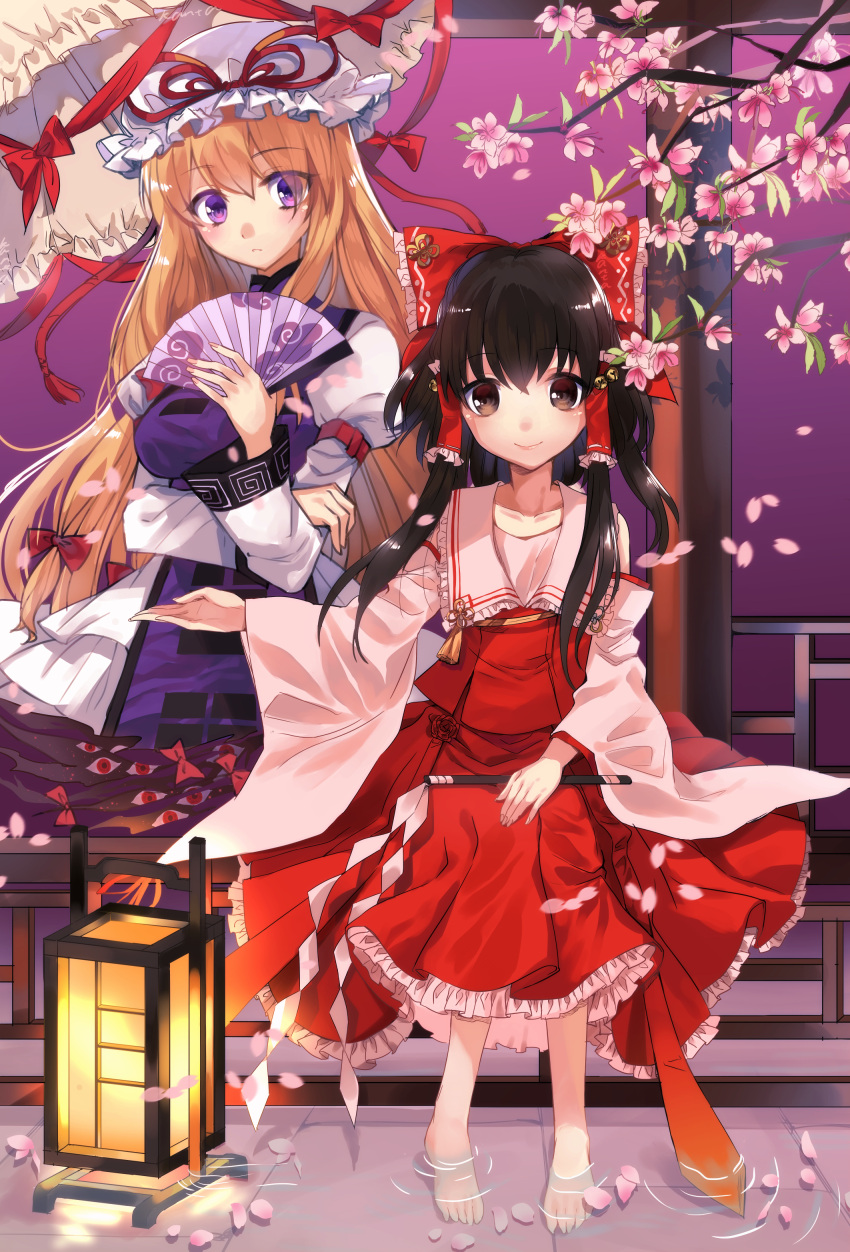 2girls absurdres bangs barefoot black_hair blonde_hair bow breasts brown_eyes eyebrows_visible_through_hair flat_chest folding_fan gap_(touhou) gohei hair_between_eyes hair_bow hair_ribbon hair_tubes hakurei_reimu hand_fan hat hat_ribbon highres holding holding_fan kanta_(pixiv9296614) lantern lantern_on_liquid large_breasts long_hair long_sleeves mob_cap multiple_girls nontraditional_miko paper_lantern petals red_ribbon ribbon ripples sitting tabard touhou umbrella violet_eyes water wooden_floor yakumo_yukari