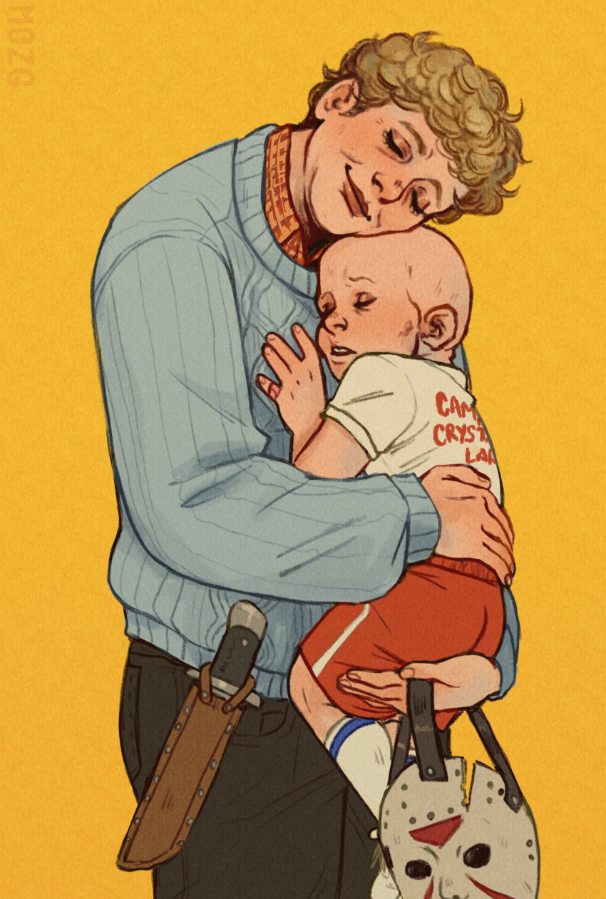 1boy 1girl age_difference carrying child comforting friday_the_13th highres hockey_mask hug jason_voorhees mask mother_and_son old old_woman pamela_voorhees smile yellow_background