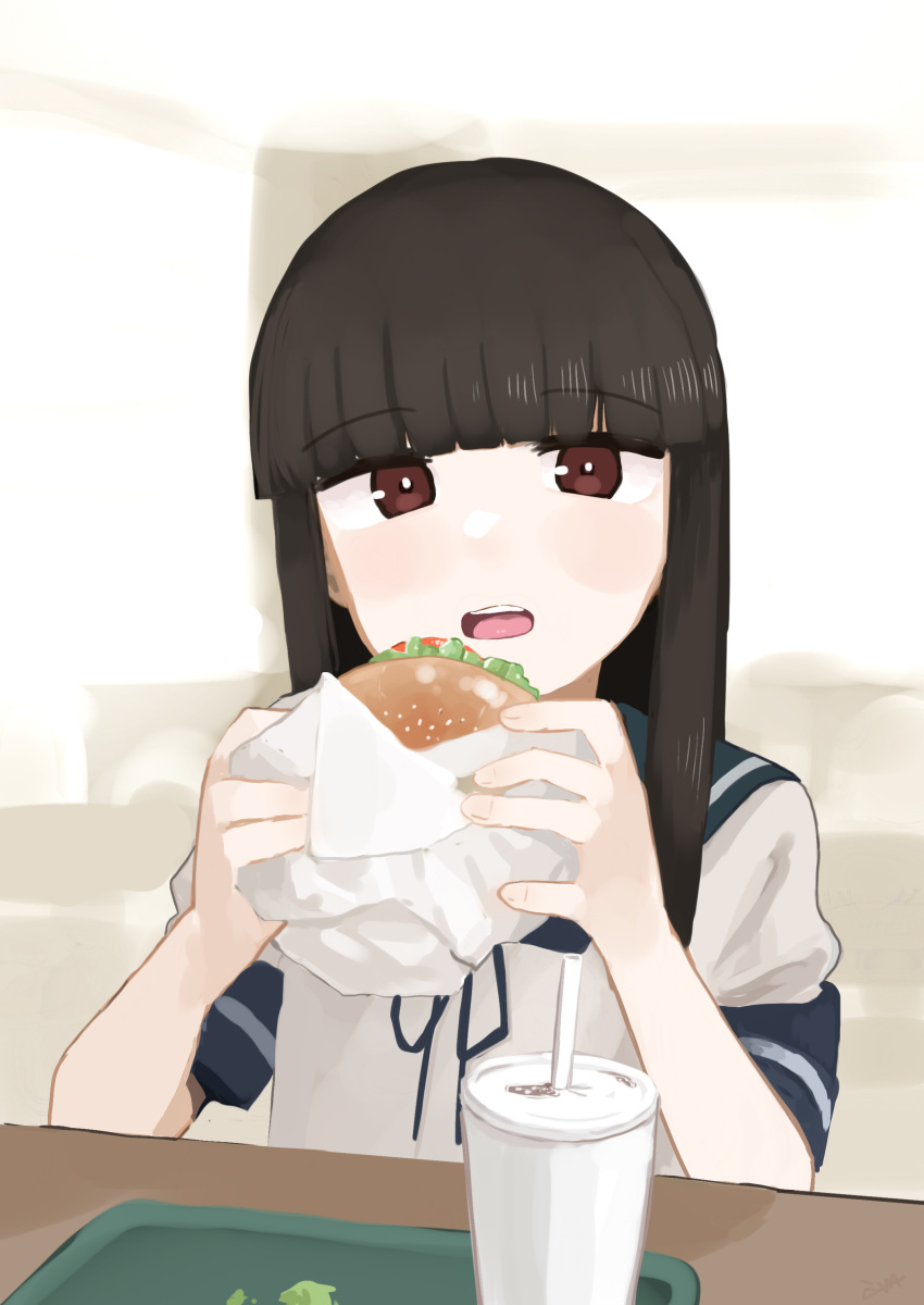 1girl 4me_4ma absurdres bangs black_hair blue_sailor_collar blunt_bangs brown_eyes burger collared_shirt drink drinking_straw food hatsuyuki_(kancolle) highres hime_cut kantai_collection long_hair looking_at_viewer neckerchief open_mouth sailor_collar school_uniform serafuku shirt solo tumbler