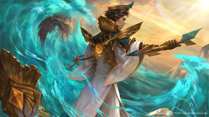 arena_of_valor arrow_(projectile) brown_gloves brown_hair english_commentary gloves holding holding_arrow laville outdoors short_hair solan standing vietnamese_clothes water watermark waves web_address wide_sleeves