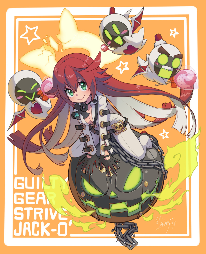 1girl 3others absurdres ankh ankh_necklace ball_and_chain_restraint bat_wings bodysuit chain gloves green_eyes guilty_gear guilty_gear_strive halo highres jack-o'-lantern jack-o'_valentine knight_servant lancer_servant magician_servant multiple_others redhead suesuguru white_bodysuit wings