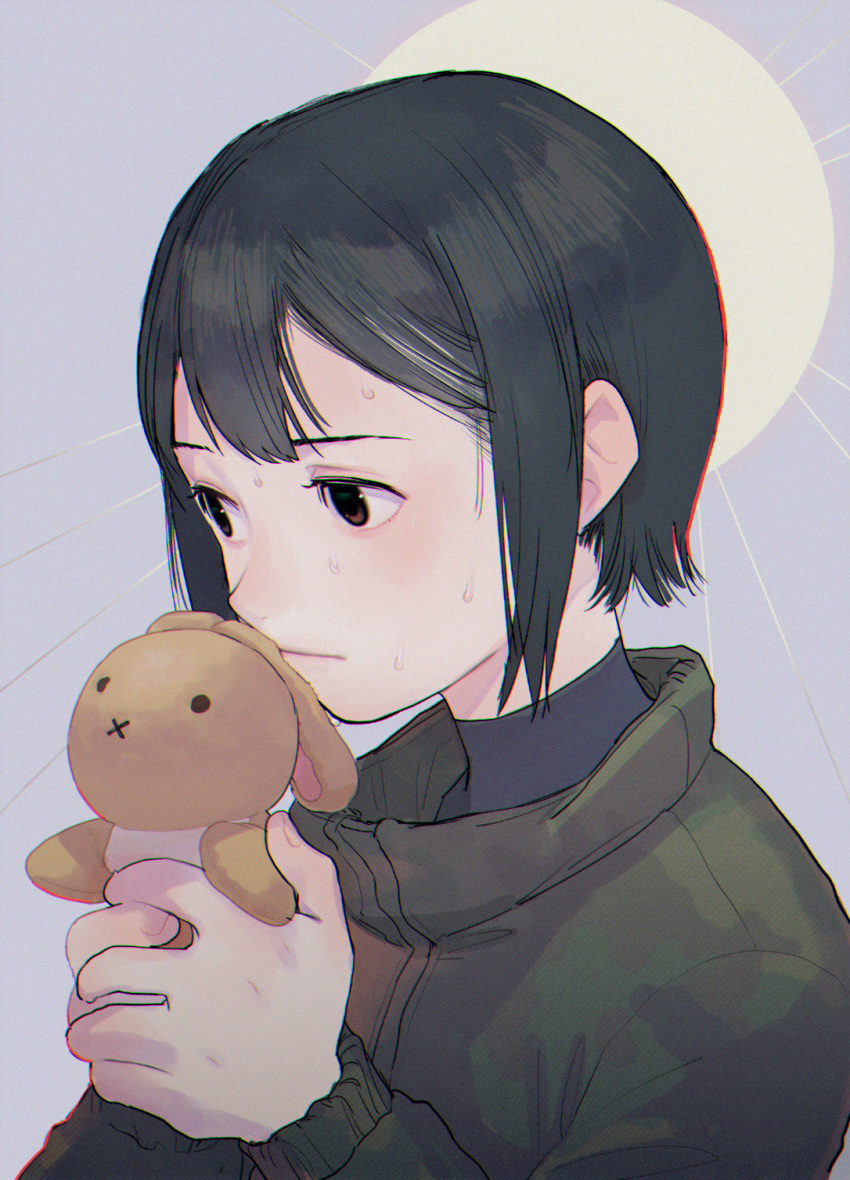 1girl asakusa_midori black_hair brown_eyes chromatic_aberration closed_mouth commentary commentary_request eizouken_ni_wa_te_wo_dasu_na! green_jacket grey_background highres holding holding_stuffed_toy jacket katsuoboshi long_sleeves own_hands_together short_hair solo stuffed_animal stuffed_bunny stuffed_toy sunburst sweat upper_body yellow_background