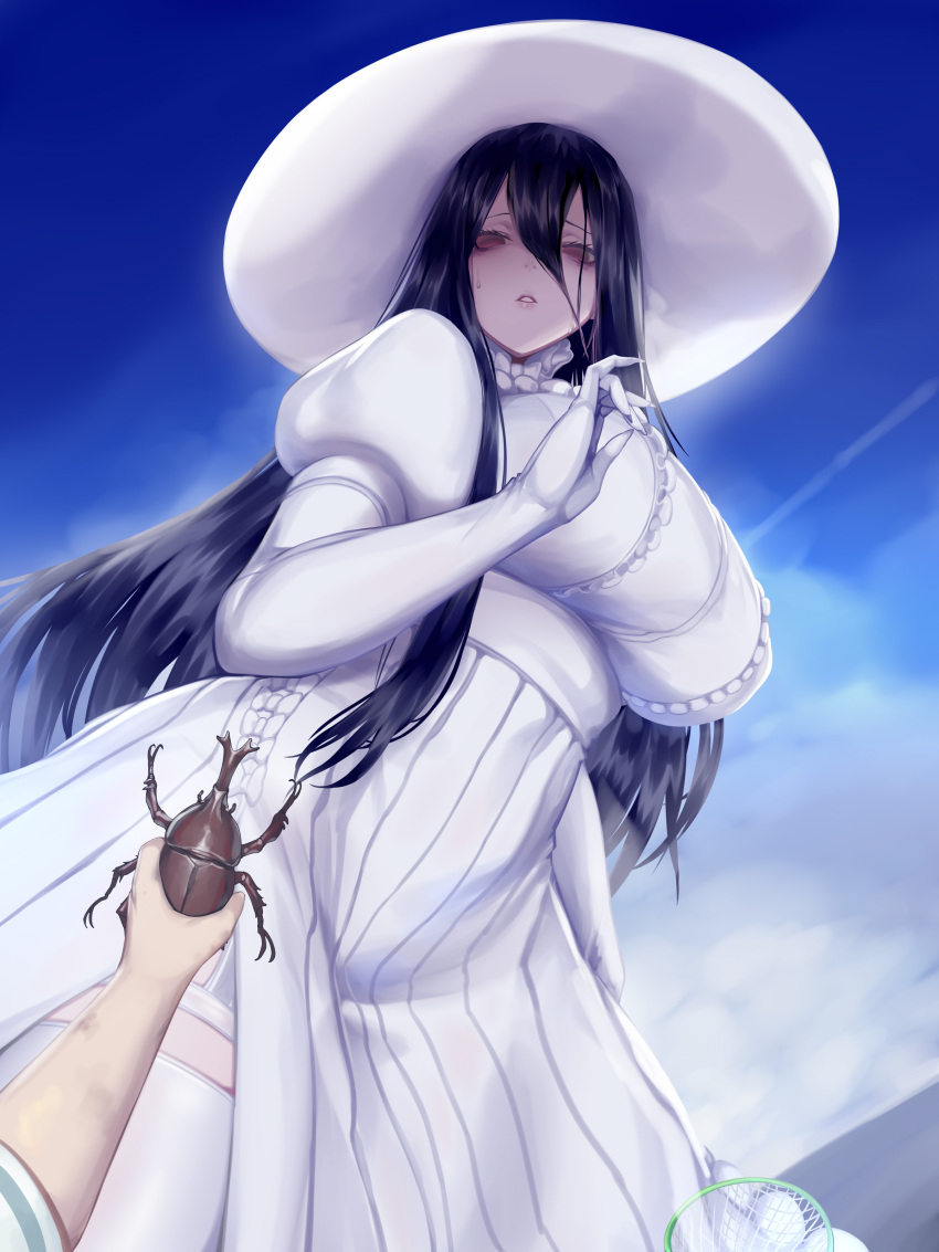 1girl 1other 2ch absurdres bangs beetle black_hair blue_sky breasts brown_eyes bug clouds commentary day dress elbow_gloves fingernails from_below garter_straps gloves hair_between_eyes hand_up hasshaku-sama hat highres holding huge_breasts kumiko_shiba long_dress long_fingernails long_hair looking_at_viewer outdoors outstretched_arm parted_lips pleated_dress pov pov_hands puffy_short_sleeves puffy_sleeves shiny shiny_hair short_sleeves side_slit sky solo_focus standing straight_hair sun_hat sundress sweat thigh-highs white_dress white_gloves white_headwear white_legwear