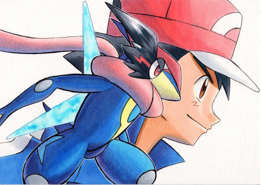 1boy ash-greninja ash_ketchum bangs baseball_cap black_hair blue_jacket brown_eyes closed_mouth commentary_request from_side greninja hat highres jacket male_focus oka_mochi pokemon pokemon_(anime) pokemon_xy_(anime) red_headwear short_hair smile traditional_media upper_body white_background