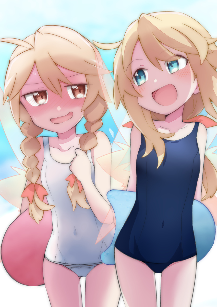 2girls alternate_hairstyle bare_arms bare_legs bare_shoulders black_swimsuit blonde_hair blue_eyes braid brown_eyes collarbone cowboy_shot dual_persona fairy fairy_wings highres lily_black lily_white long_hair multiple_girls one-piece_swimsuit open_mouth school_swimsuit smile swimsuit touhou twin_braids white_swimsuit wings yutamaro