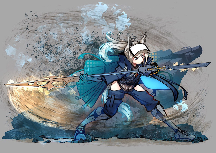 1girl animal_ears arknights armband armor artist_name bangs blue_coat blue_pants breasts brown_shirt carillus coat english_commentary flat_chest full_body gauntlets gloves grani_(arknights) greaves grey_background grey_eyes grey_footwear grey_gloves grey_hair grey_headwear hip_vent holding holding_polearm holding_spear holding_weapon horse_ears horse_girl horse_tail infection_monitor_(arknights) long_hair looking_to_the_side open_clothes open_coat pants polearm ponytail shirt shoes silver_hair smile sneakers solo spear tail v-shaped_eyebrows visor_cap weapon