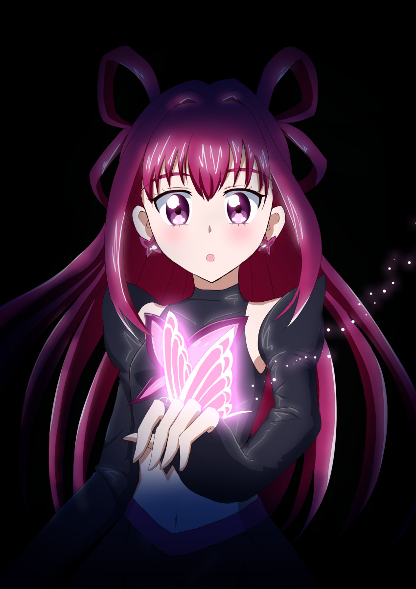 1girl :o absurdres black_background black_clothes bug butterfly butterfly_brooch butterfly_earrings butterfly_on_hand dark_cure_(yes!_precure_5) dark_dream darkness detached_sleeves earrings fingerless_gloves gloves highres jewelry light_blush light_particles long_hair midriff pink_hair precure raised_eyebrows sentyouoekaki sidelocks solo spirit surprised violet_eyes yes!_precure_5