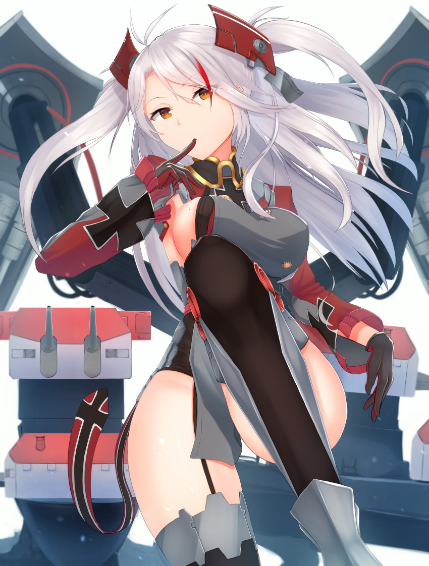 1girl absurdres alternate_costume azur_lane black_gloves black_legwear breasts eyebrows_visible_through_hair finger_to_mouth garter_straps gloves highres large_breasts light_brown_eyes lodbyy long_hair looking_at_viewer looking_away mole mole_on_breast multicolored_hair prinz_eugen_(azur_lane) silver_hair solo thigh-highs
