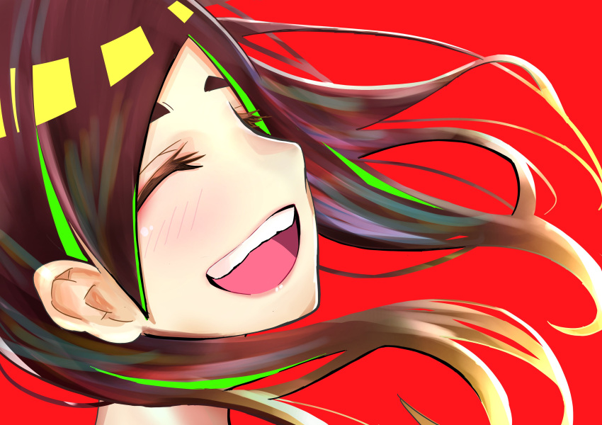 1girl absurdres brown_hair close-up closed_eyes commentary eizouken_ni_wa_te_wo_dasu_na! eyelashes face floating_hair highres kyabetsu_ningen laughing mizusaki_tsubame red_background simple_background solo thick_eyebrows upper_teeth