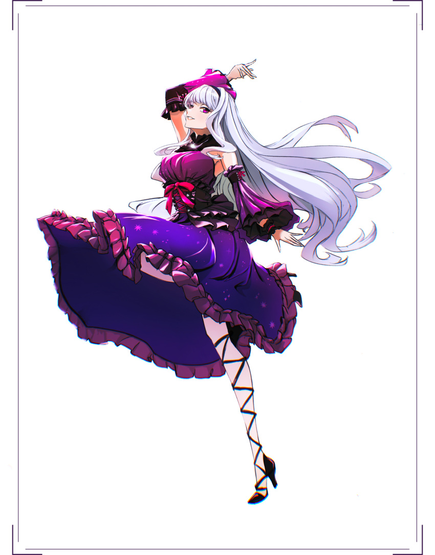 1girl arm_up black_hairband black_sleeves bow breasts floating_hair framed full_body grin hairband high_heels highres idolmaster idolmaster_(classic) large_breasts layered_sleeves leg_up long_hair long_skirt long_sleeves multicolored_sleeves purple_skirt purple_sleeves red_bow red_eyes shijou_takane shiny shiny_hair shortlydie skirt smile solo standing standing_on_one_leg underbust very_long_hair white_background white_hair