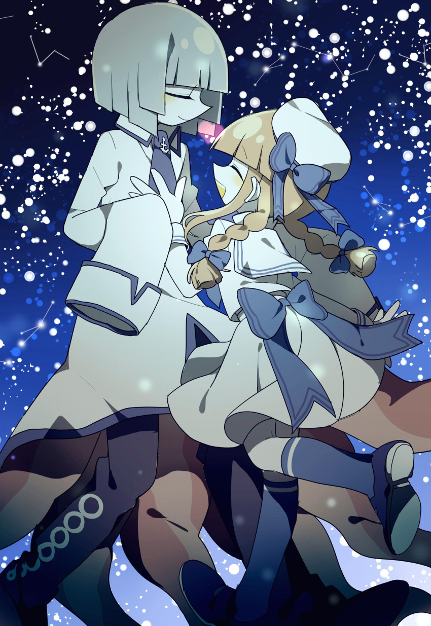 1boy 1girl absurdres bangs black_footwear blonde_hair blue_bow blue_hair blue_neckwear blue_ribbon boots bow braid closed_eyes closed_mouth constellation dancing dress fukami_(wadanohara) full_body funamusea highres leg_up long_sleeves looking_at_another monster_boy necktie night night_sky octopus_boy oounabara_to_wadanohara open_mouth outdoors ribbon school_uniform shirt shoes skirt sky sleeves_past_fingers sleeves_past_wrists smile socks star_(sky) tentacles twin_braids wadanohara white_dress white_shirt white_skirt woshiab