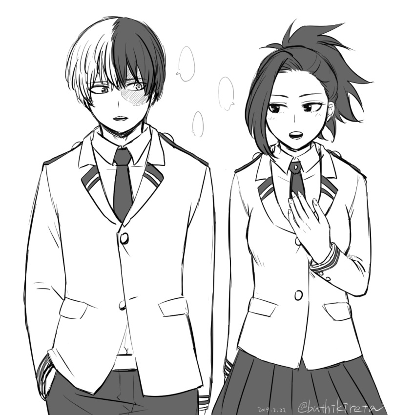 1boy 1girl arm_at_side bangs boku_no_hero_academia breasts burn_scar buthikireta collared_shirt commentary_request cowboy_shot greyscale hand_in_pocket hand_up highres jacket large_breasts long_sleeves looking_to_the_side monochrome multicolored_hair necktie open_mouth pants pleated_skirt ponytail scar school_uniform shirt short_hair sideways_glance skirt teeth todoroki_shouto two-tone_hair u.a._school_uniform yaoyorozu_momo