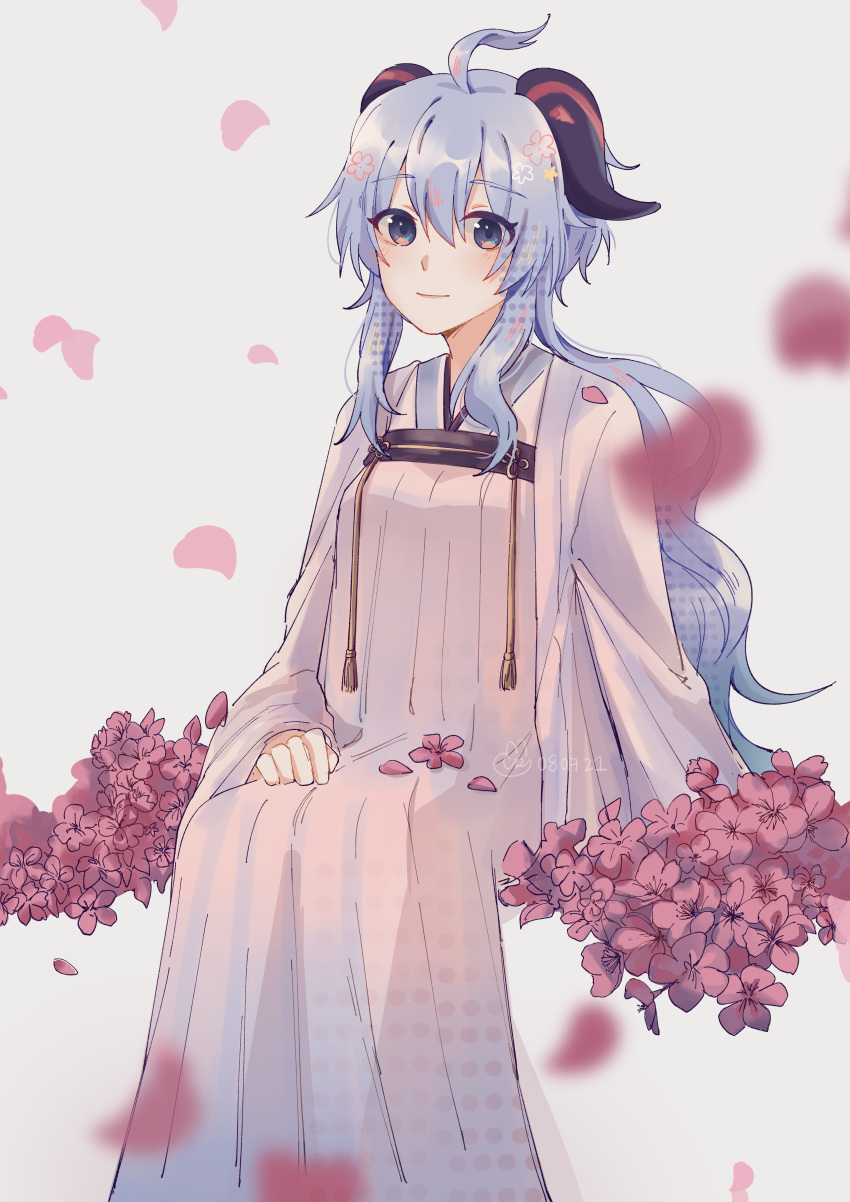 1girl absurdres ahoge alternate_costume bangs blue_hair blush chinese_clothes commentary_request flower ganyu_(genshin_impact) genshin_impact hair_flower hair_ornament hand_on_lap hanfu highres horns long_hair looking_at_viewer petals ryere sidelocks simple_background sitting violet_eyes