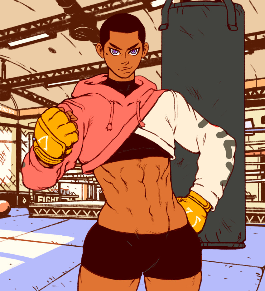 1girl abs arthur_asa black_hair cowboy_shot cropped_hoodie dark-skinned_female dark_skin drawstring edie_crop_hoodie gloves highres hood hood_down hoodie indoors meme_attire mole mole_under_eye muscular muscular_female navel original short_hair solo very_short_hair violet_eyes yellow_gloves