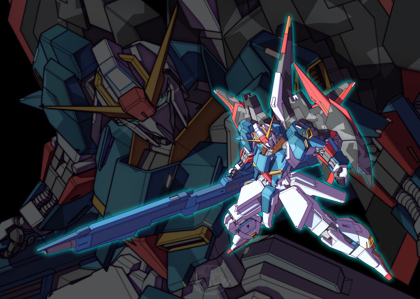 absurdres artist_name beam_cannon energy_cannon glowing glowing_eyes green_eyes gundam heyzan highres mecha mobile_suit no_humans science_fiction shield solo v-fin weapon zeta_gundam zeta_gundam_(mobile_suit)