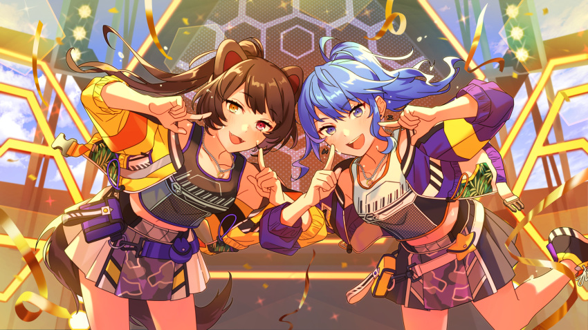 2girls animal_ears bangs bare_shoulders blue_eyes blue_hair brown_hair collarbone commentary_request dog_ears dog_girl earrings eyebrows_visible_through_hair fangs hashima_(hashima-dr) heterochromia highres hololive hoshimachi_suisei inui_toko jewelry looking_at_viewer midriff multiple_girls navel necklace nijisanji official_art open_mouth red_eyes shoes skirt sneakers virtual_youtuber yellow_eyes