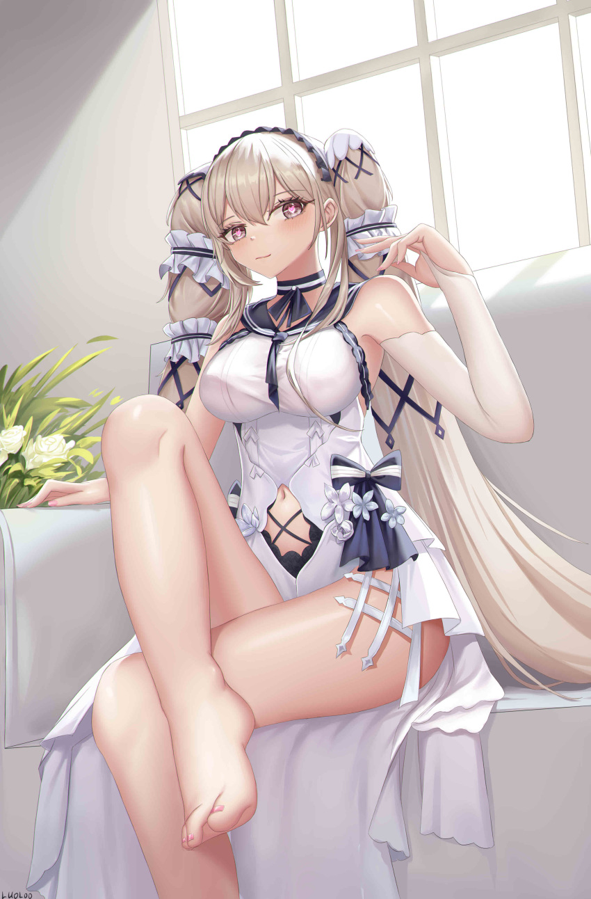 1girl absurdly_long_hair absurdres azur_lane barefoot black_choker black_neckwear black_sailor_collar bow_dress breasts brown_eyes choker clothing_cutout crossed_legs dress dress_flower elbow_gloves feather_dress formidable_(azur_lane) formidable_(timeless_classics)_(azur_lane) gloves hair_ornament heart heart-shaped_pupils highres indoors large_breasts long_hair luoloo navel_cutout official_alternate_costume pink_nails platinum_blonde_hair sailor_collar single_elbow_glove sleeveless sleeveless_dress solo symbol-shaped_pupils toes twintails two-tone_dress very_long_hair white_dress window