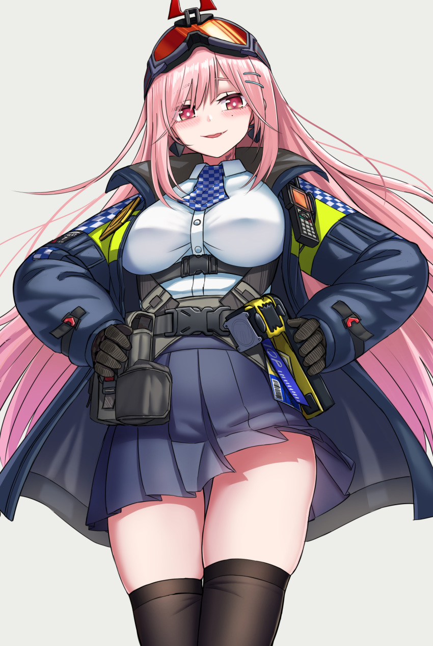 1girl absurdres black_gloves black_legwear blue_jacket blue_skirt blush breasts earrings eyebrows_visible_through_hair eyewear_on_head feet_out_of_frame from_below girls_frontline gloves hair_ornament hairclip hands_on_hips heart heart_earrings highres jacket jewelry large_breasts long_hair looking_at_viewer mole mole_under_eye open_clothes open_jacket open_mouth pink_hair police police_uniform safety_glasses shirt sig_mcx_(girls'_frontline) skirt smile solo standing thigh-highs uniform violet_eyes walkie-talkie white_background white_shirt yakob_labo