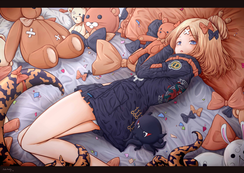 1girl abigail_williams_(fate) bandaid bandaid_on_forehead bed bed_sheet black_dress blue_eyes bow dress fate/grand_order fate_(series) forehead from_above from_side hair_bow heroic_spirit_traveling_outfit highres light_brown_hair long_hair long_sleeves looking_at_viewer looking_up lying mokamocha on_stomach parted_lips pillow sidelocks sleeves_past_wrists stuffed_animal stuffed_bunny stuffed_squid stuffed_toy teddy_bear triangle_mouth wide_sleeves